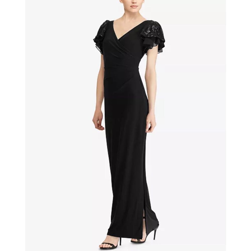 Lauren Ralph Lauren Black Gown with Sequin Flutter-Sleeves Womens size 16